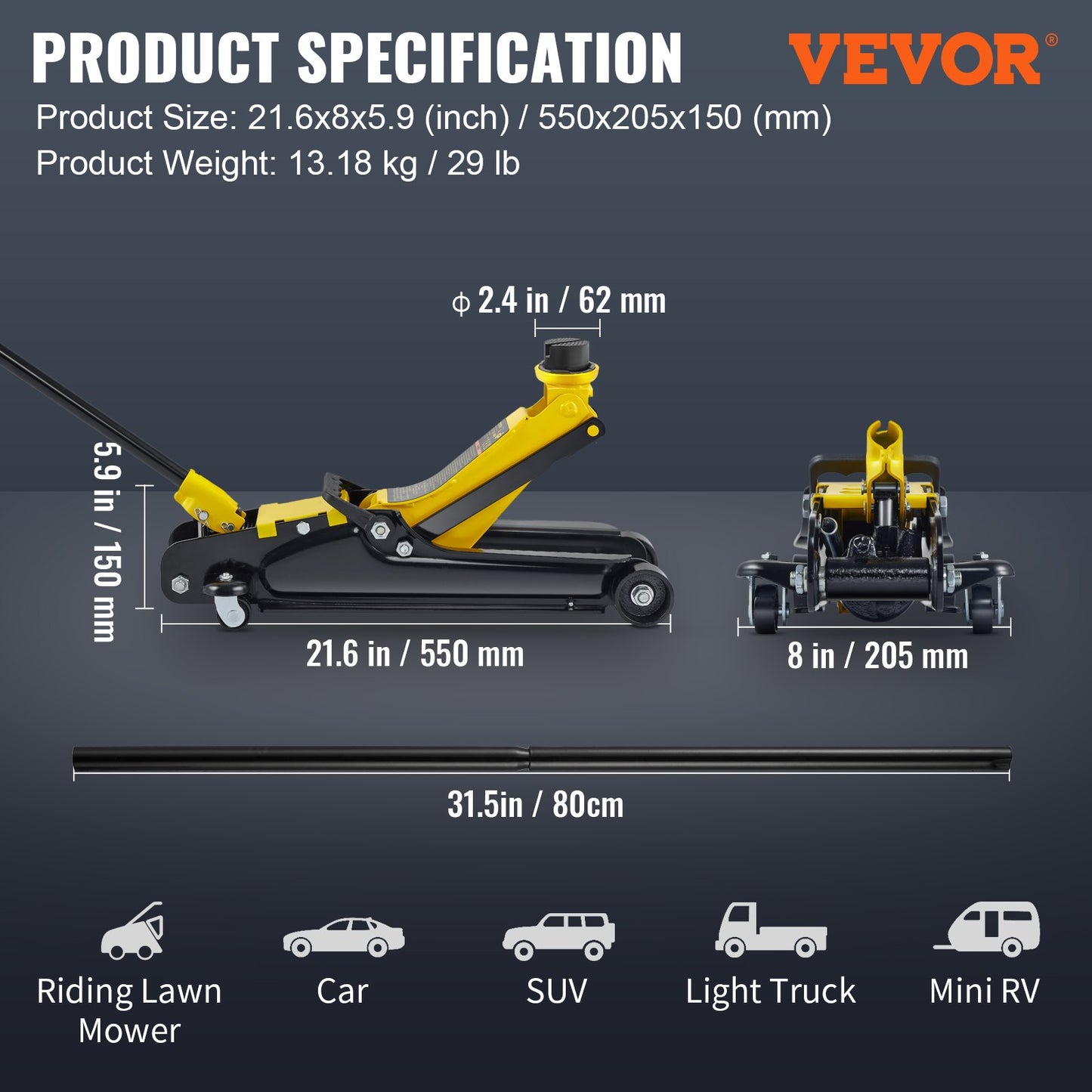 Golvdomkraft, 2,5 ton lågprofils golvdomkraft, kraftigt stål Racing golvdomkraft med enkelkolvlyftpump, golvdomkraftslyftområde 85 mm-380 mm