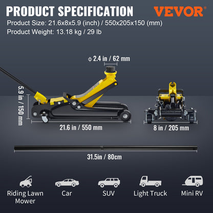 Golvdomkraft, 2,5 ton lågprofils golvdomkraft, kraftigt stål Racing golvdomkraft med enkelkolvlyftpump, golvdomkraftslyftområde 85 mm-380 mm
