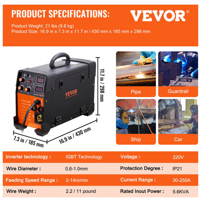 MIG Welder 250 Amp MIG LIFT TIG Arc Welder 3 in 1 Welder Welder Machine 220V LIFT TIG Welder Lift ARC Welder MMA Stick IGBT DC Inverter Welder Digital Display Combo Svetsmaskin