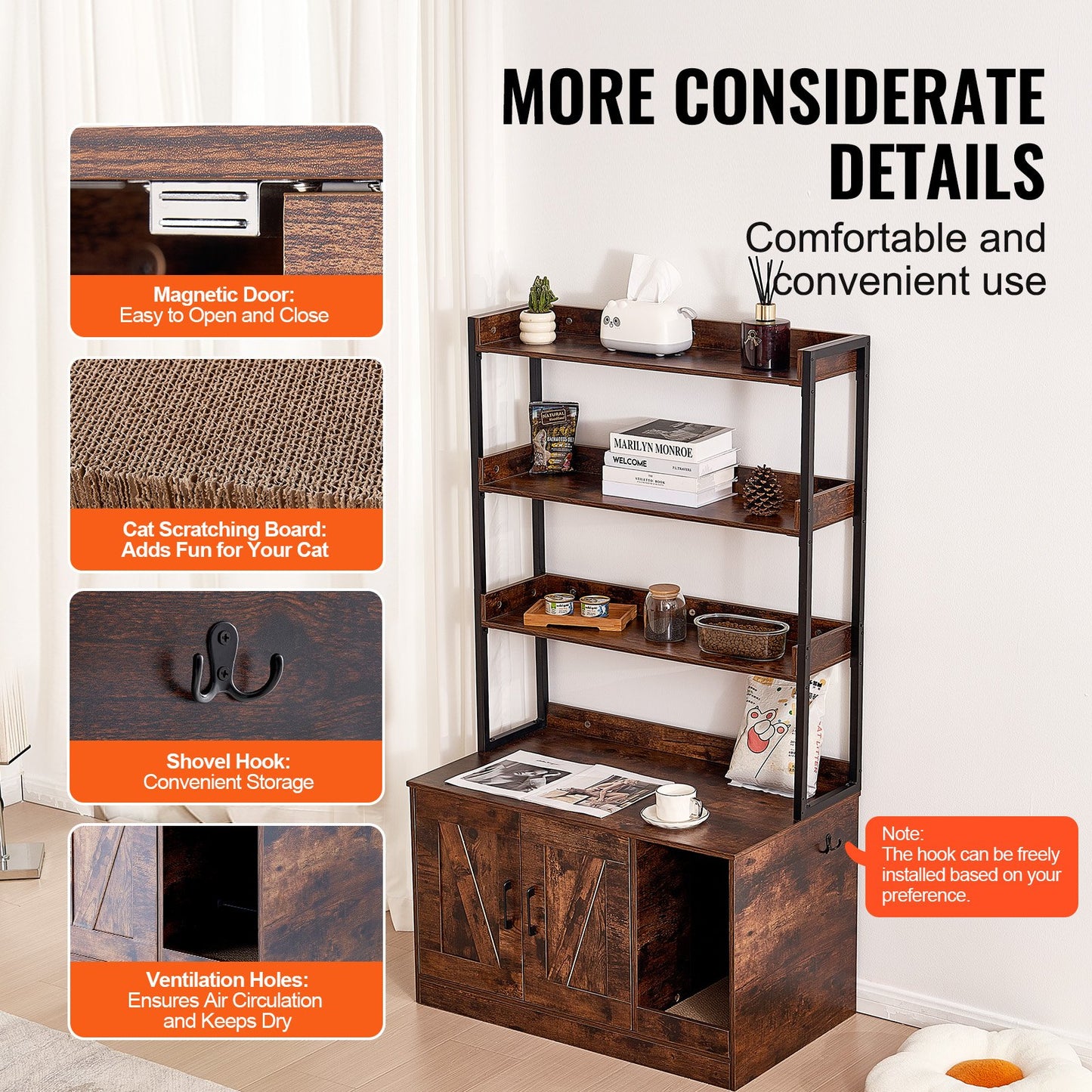 Cat litter cabinet, wooden litter box furniture hidden with 3 shelves