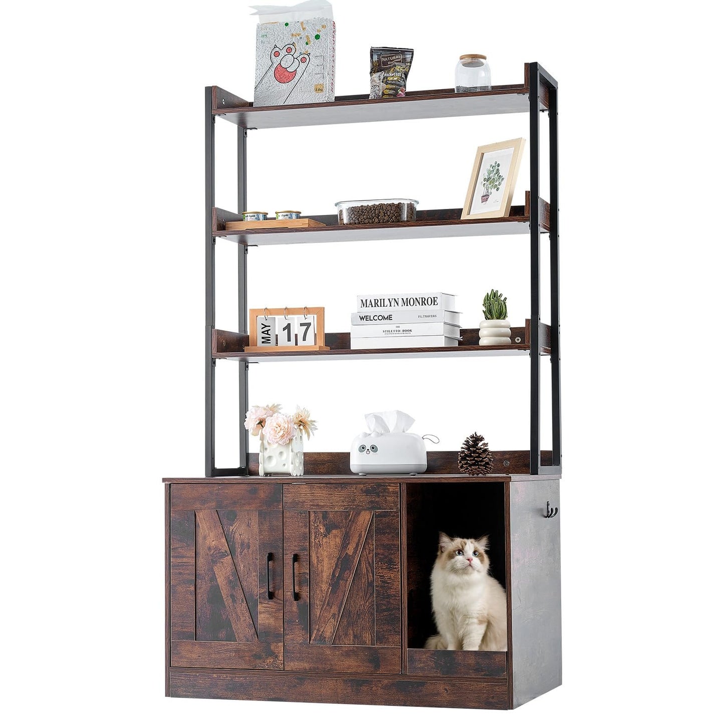 Cat litter cabinet, wooden litter box furniture hidden with 3 shelves