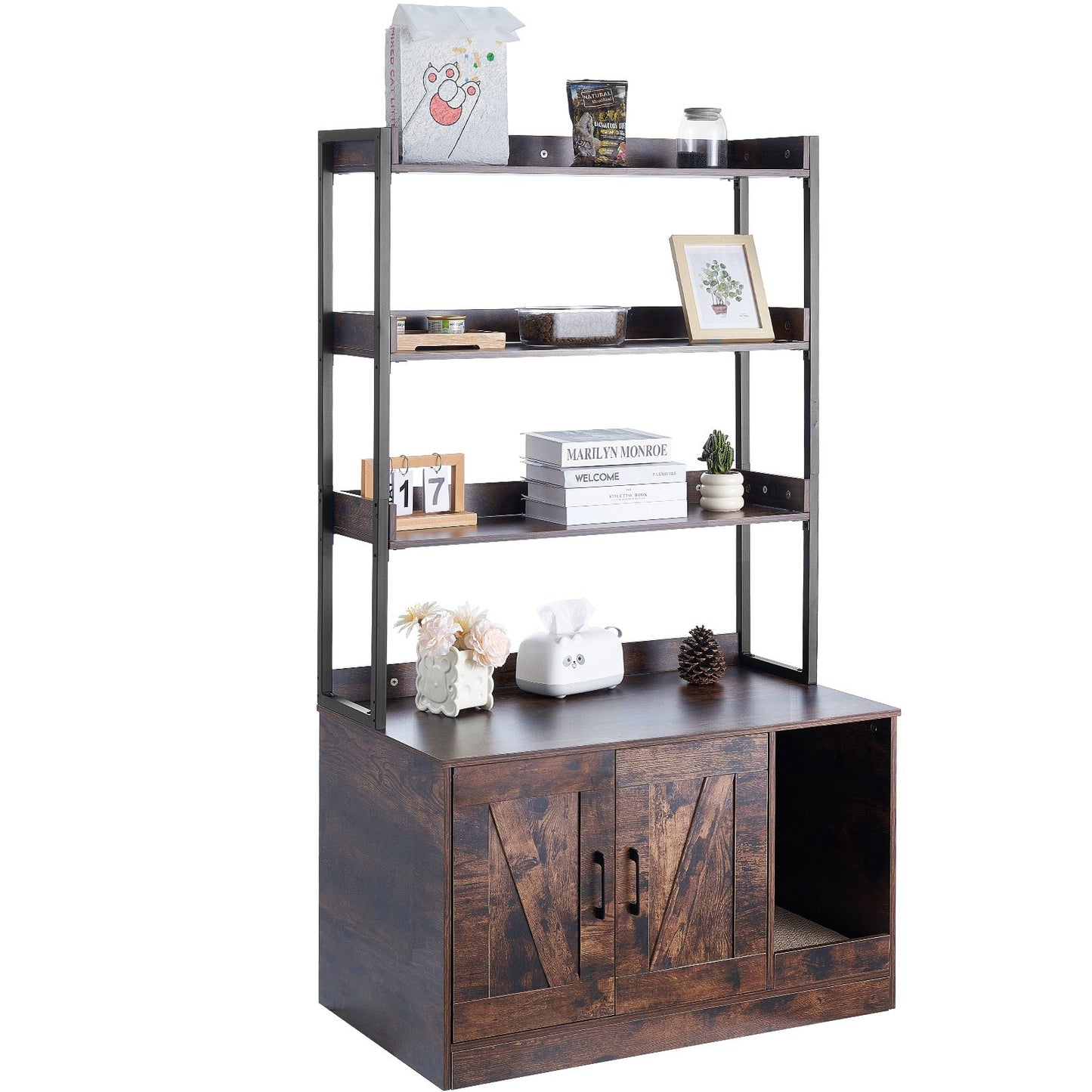 Cat litter cabinet, wooden litter box furniture hidden with 3 shelves