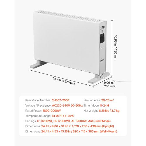 Konvektionspanelvärmare, 2000W elektrisk panelvärmare med fjärrkontroll och pekkontroll, 3 lägen, 24 timmars timer, stativ- eller väggmonterad design med tippskydd och överhettningsskydd för hem och kontor |  EU