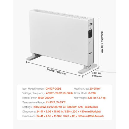 Konvektionspanelvärmare, 2000W elektrisk panelvärmare med fjärrkontroll och pekkontroll, 3 lägen, 24 timmars timer, stativ- eller väggmonterad design med tippskydd och överhettningsskydd för hem och kontor |  EU