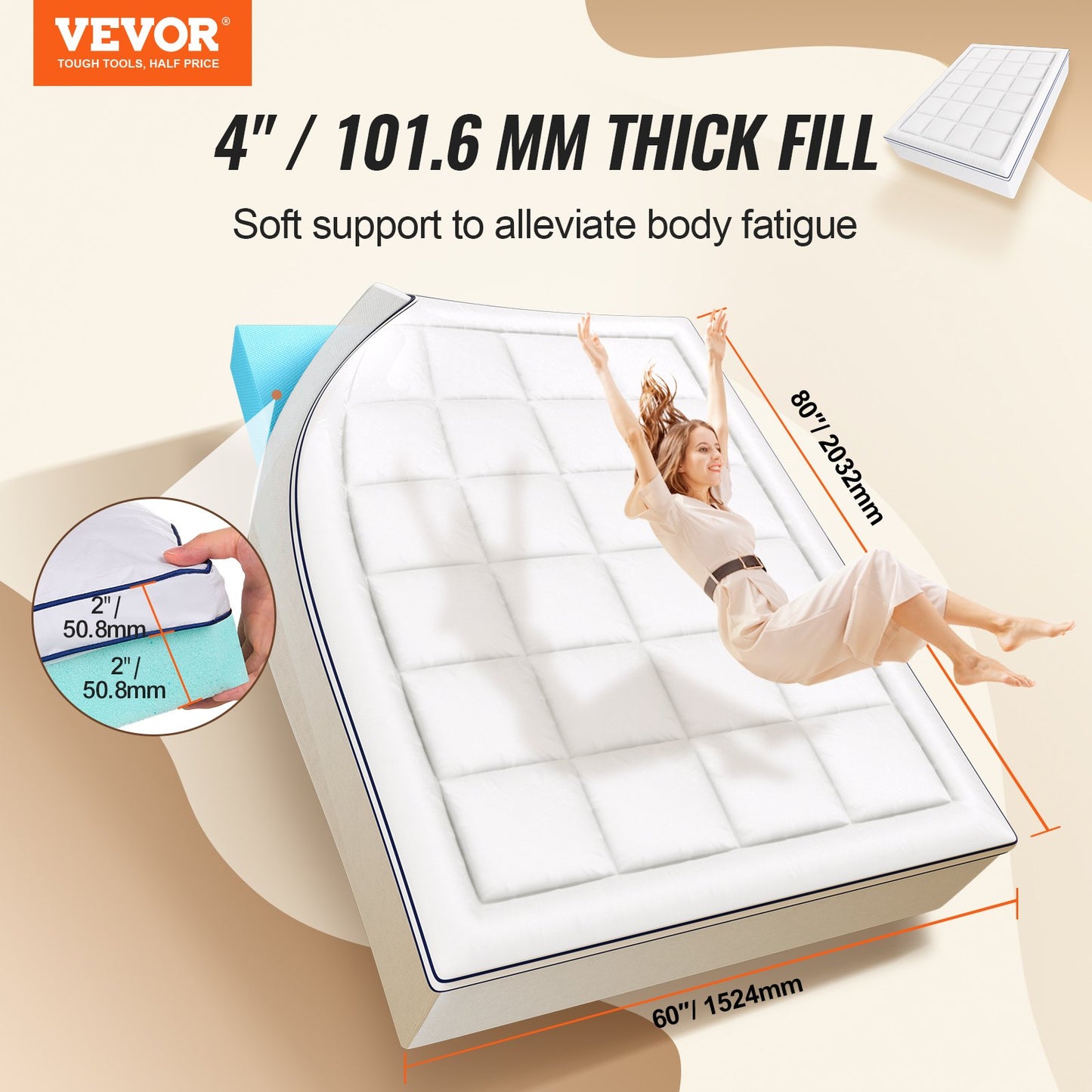 Madrass Topper Premium Memory Foam Fiber Fill Queen 101,6 mm Tjocklek