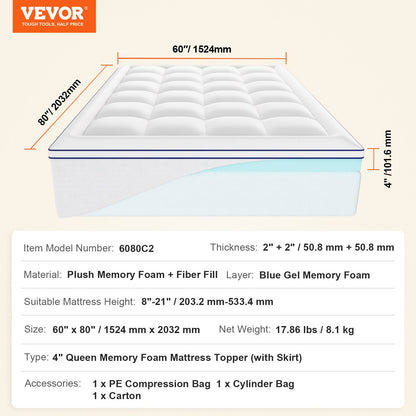 Madrass Topper Premium Memory Foam Fiber Fill Queen 101,6 mm Tjocklek