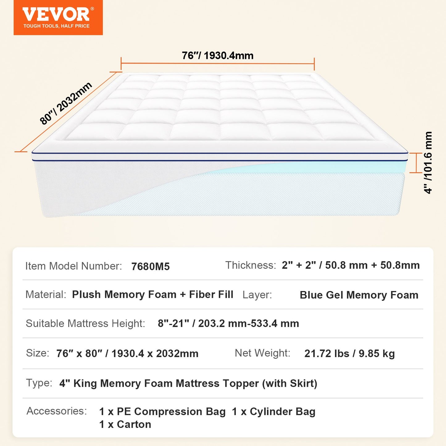 Madrass Topper Premium Memory Foam Fiber Fill King 101,6 mm Tjocklek