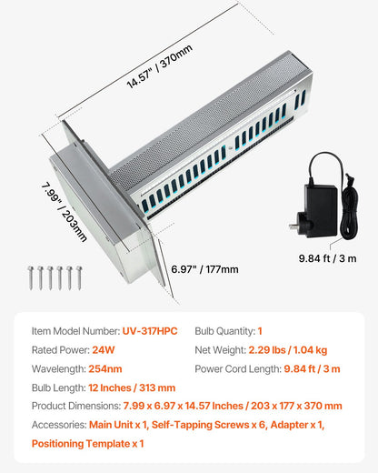HVAC Air Purifier Whole House 24W 12 inch Light PCO Carbon Technology