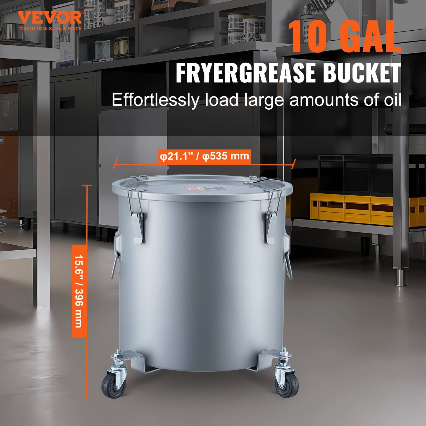Fritös Fetthink, 10 Gal Oljebortskaffande Caddy med Caster Base, Kolstål Rostskyddad beläggning, Oljetransportbehållare med lock, Låsklämmor, Filterpåse för varm matlagningsoljefiltrering, Grå