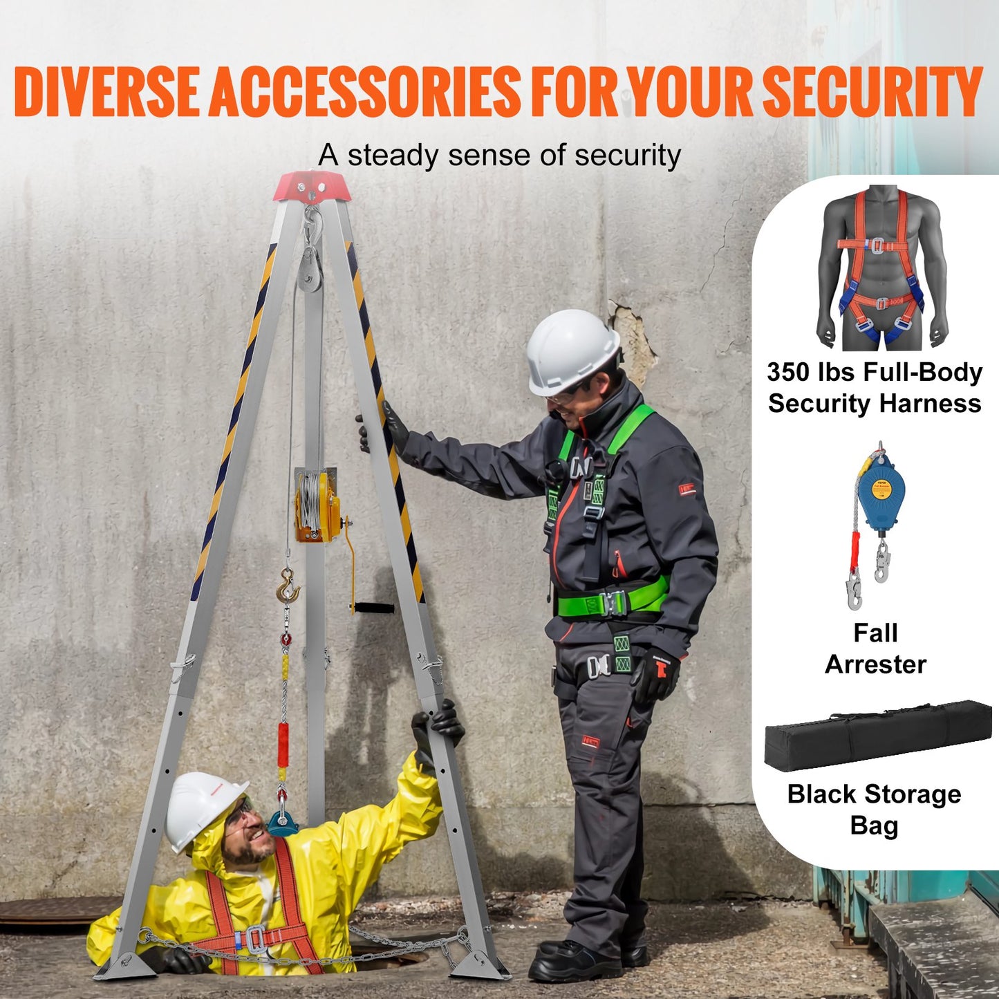Tripod Kit, 1200 lbs Winch, Confined Space Tripod 7'-ben och 98'-kabel, Confined Space Rescue Tripod 32,8' Fallskydd, Sele, förvaringsväska för traditionella begränsade utrymmen