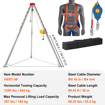 Tripod Kit, 1200 lbs Winch, Confined Space Tripod 7'-ben och 98'-kabel, Confined Space Rescue Tripod 32,8' Fallskydd, Sele, förvaringsväska för traditionella begränsade utrymmen