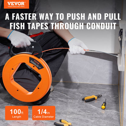 Fish Tape Wire Cable Line Puller 100 ft 1/4 in PET med högt plastfodral
