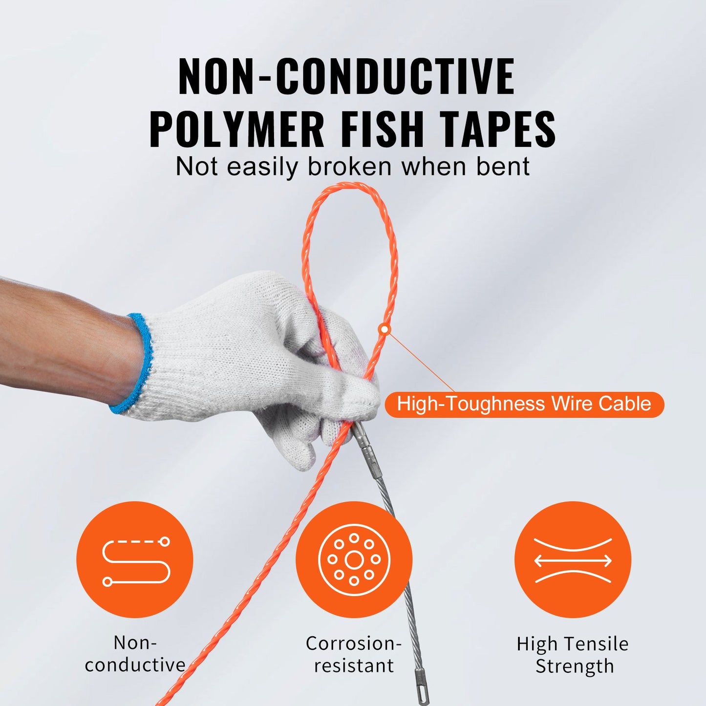 Fish Tape Wire Cable Line Puller 100 ft 1/4 in PET med högt plastfodral