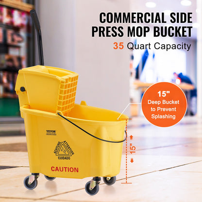 Mopphink med Wringer, 35 Qt. Kommersiell moppskopa med sidopressvridare, sidopressmoppskopa och wringerkombination på hjul, för professionell/industriell/affärsgolvrengöring, gul