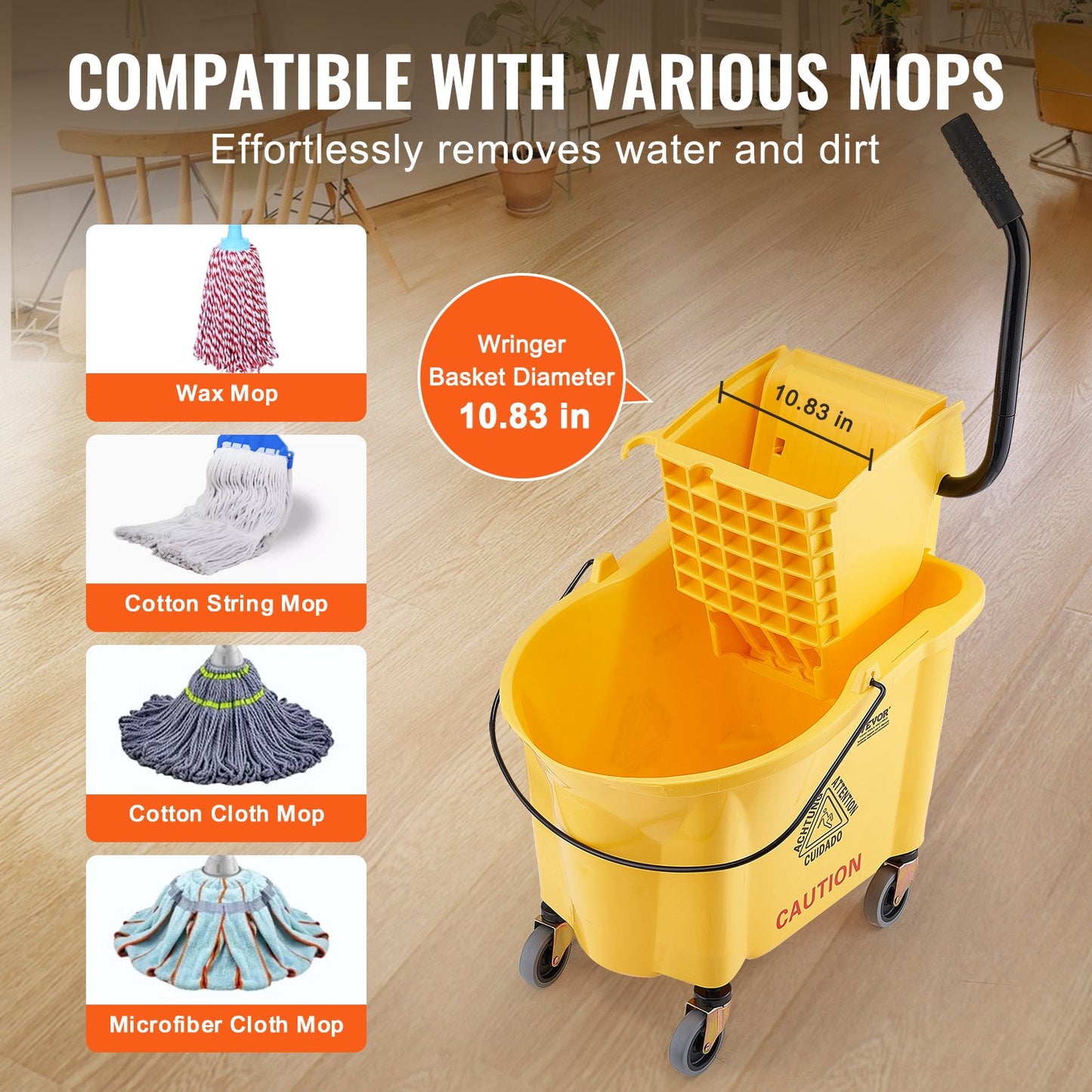 Mopphink med Wringer, 35 Qt. Kommersiell moppskopa med sidopressvridare, sidopressmoppskopa och wringerkombination på hjul, för professionell/industriell/affärsgolvrengöring, gul