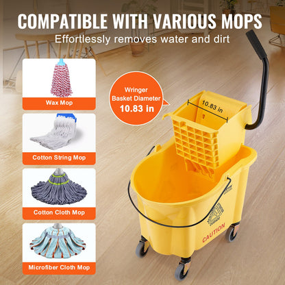 Mopphink med Wringer, 35 Qt. Kommersiell moppskopa med sidopressvridare, sidopressmoppskopa och wringerkombination på hjul, för professionell/industriell/affärsgolvrengöring, gul