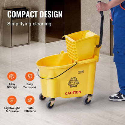 Mopphink med Wringer, 35 Qt. Kommersiell moppskopa med sidopressvridare, sidopressmoppskopa och wringerkombination på hjul, för professionell/industriell/affärsgolvrengöring, gul
