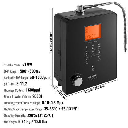 Alkaline Water Ionizer Machine, pH 3-11,2 Alkaline Acidic Hydrogen Water Purifier, 6 vatteninställningar Hemfiltreringssystem, Upp till -800mV ORP, 9000L per filter, UV-funktion, vattenuppvärmning