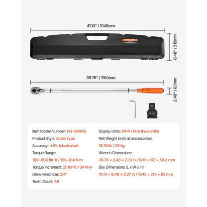 Click Torque Wrench 3/4-inch Drive 100-600 lbf-ft/136-814 Nm Bidirectional | EU
