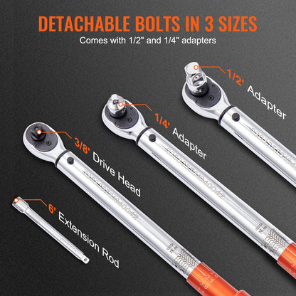 Drehmomentschlüssel, 3/8-Zoll-Antrieb, Klick-Drehmomentschlüssel, 10–80 ft.lb/14–110 Nm, bidirektional einstellbarer Drehmomentschlüsselsatz, mechanischer Drehmomentschlüsselsatz mit Doppelskala und Adapter-Verlängerungsstange