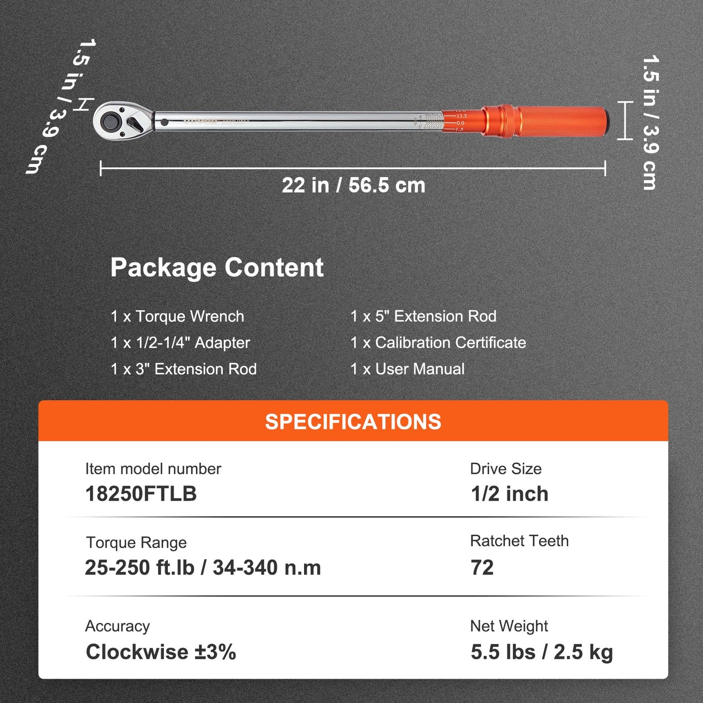 Drehmomentschlüssel, 1/2-Zoll-Antrieb, Klick-Drehmomentschlüssel 20–250 ft.lb/34–340 Nm, bidirektional einstellbarer Drehmomentschlüsselsatz, mechanischer Drehmomentschlüsselsatz mit Doppelskala und Adapter-Verlängerungsstange