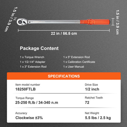 Drehmomentschlüssel, 1/2-Zoll-Antrieb, Klick-Drehmomentschlüssel 20–250 ft.lb/34–340 Nm, bidirektional einstellbarer Drehmomentschlüsselsatz, mechanischer Drehmomentschlüsselsatz mit Doppelskala und Adapter-Verlängerungsstange
