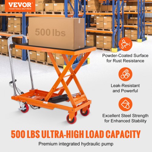 Hydraulic Lift Table Cart, 500 Pound Capacity 28.5" Lift Height, Manual Lift Table with 4 Wheels and Non-Slip Pad, Hydraulic Scissor Cart for Material Handling, Orange | EU