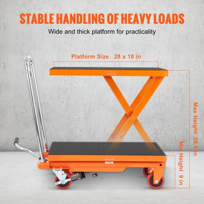 Hydraulic Lift Table Cart, 500 Pound Capacity 28.5" Lift Height, Manual Lift Table with 4 Wheels and Non-Slip Pad, Hydraulic Scissor Cart for Material Handling, Orange | EU