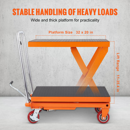 Hydraulic lift table cart, 1100lbs capacity 35.4" lift height, manual lift table with 4 wheels and non-slip pad, hydraulic scissor cart for material handling and transport