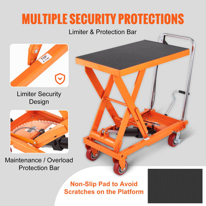 Hydraulic lift table cart, 1100lbs capacity 35.4" lift height, manual lift table with 4 wheels and non-slip pad, hydraulic scissor cart for material handling and transport