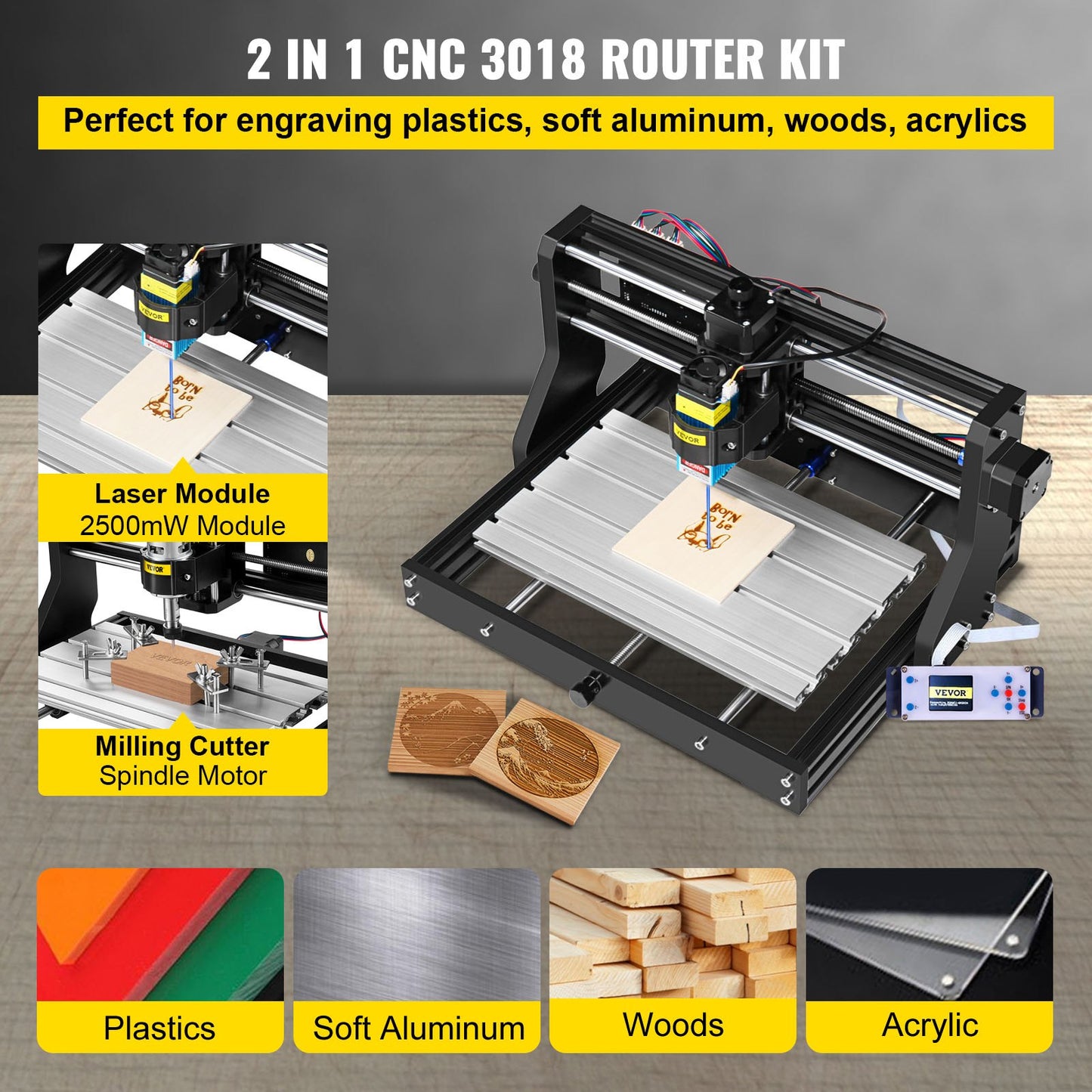 CNC 3018 Pro 2500MW 300×180×40mm Cnc Machine GRBL Control Mini Laser Graver med Offline Controller 3 Axis Laser Gravering Machine for Carving Fräsning Plast Akryl PVC Trä