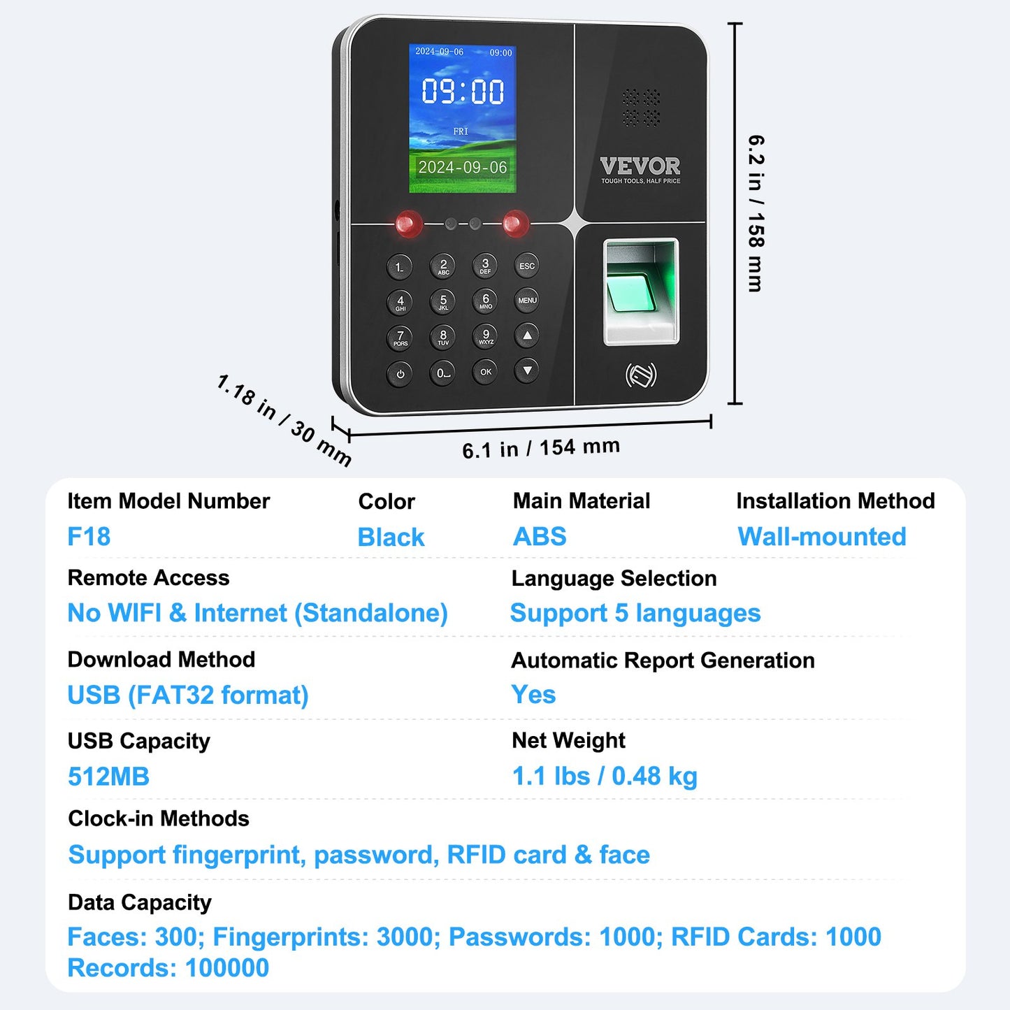 Time Clock Biometrisk klocka 100000 registrerar anställds närvaromaskin