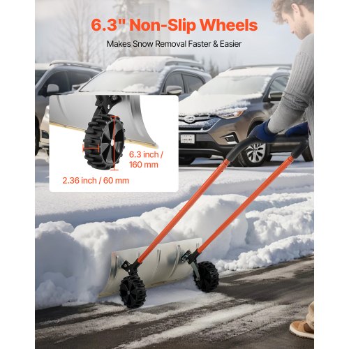 Snow Pusher with Wheels 24 Inch Durable Metal Snow Plow for Driveway | EU