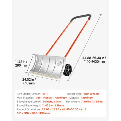 Snow Pusher with Wheels 24 Inch Durable Metal Snow Plow for Driveway | EU