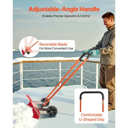 Snöskjutspade med hjul, 96 cm snöplogspade med hjul, dubbelriktat vinklat blad och 90° justerbart handtag, slitstarka vinterskyfflar i plast, bärbart snöröjningsverktyg för uppfart |  EU