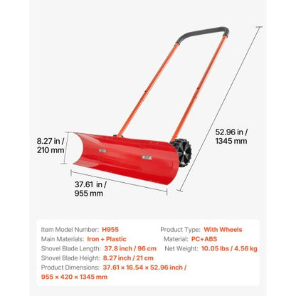 Snöskjutspade med hjul, 96 cm snöplogspade med hjul, dubbelriktat vinklat blad och 90° justerbart handtag, slitstarka vinterskyfflar i plast, bärbart snöröjningsverktyg för uppfart |  EU