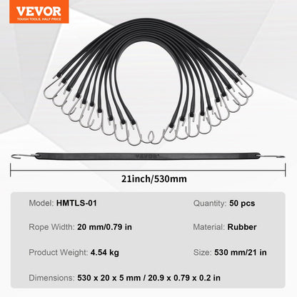 50 st Flat Bungee Cord Set 19,8 mm Heavy Duty Bungee Straps med S-krok