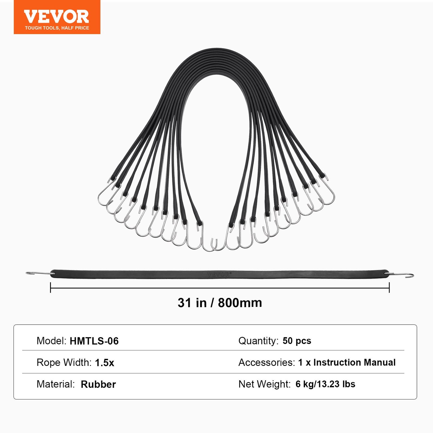 50 st Flat Bungee Cord Set 19,8 mm Heavy Duty Bungee Straps med S-krok
