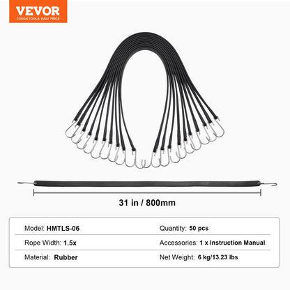 50 st Flat Bungee Cord Set 19,8 mm Heavy Duty Bungee Straps med S-krok