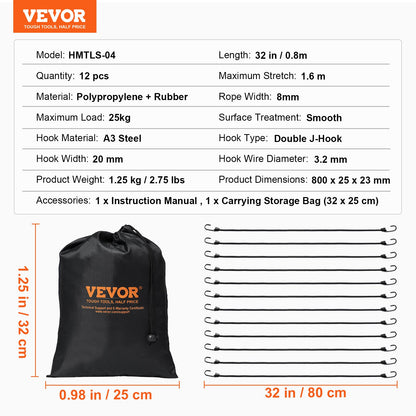 12 st Bungee Linor med Krokar 32 I Heavy Duty Bungee Straps 8 mm Svart