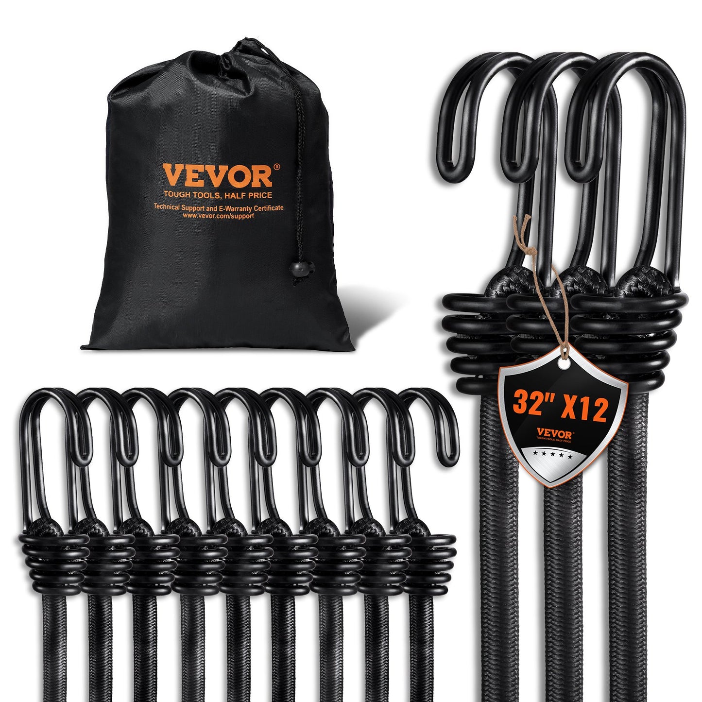 12 st Bungee Linor med Krokar 32 I Heavy Duty Bungee Straps 8 mm Svart