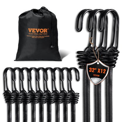 12 st Bungee Linor med Krokar 32 I Heavy Duty Bungee Straps 8 mm Svart