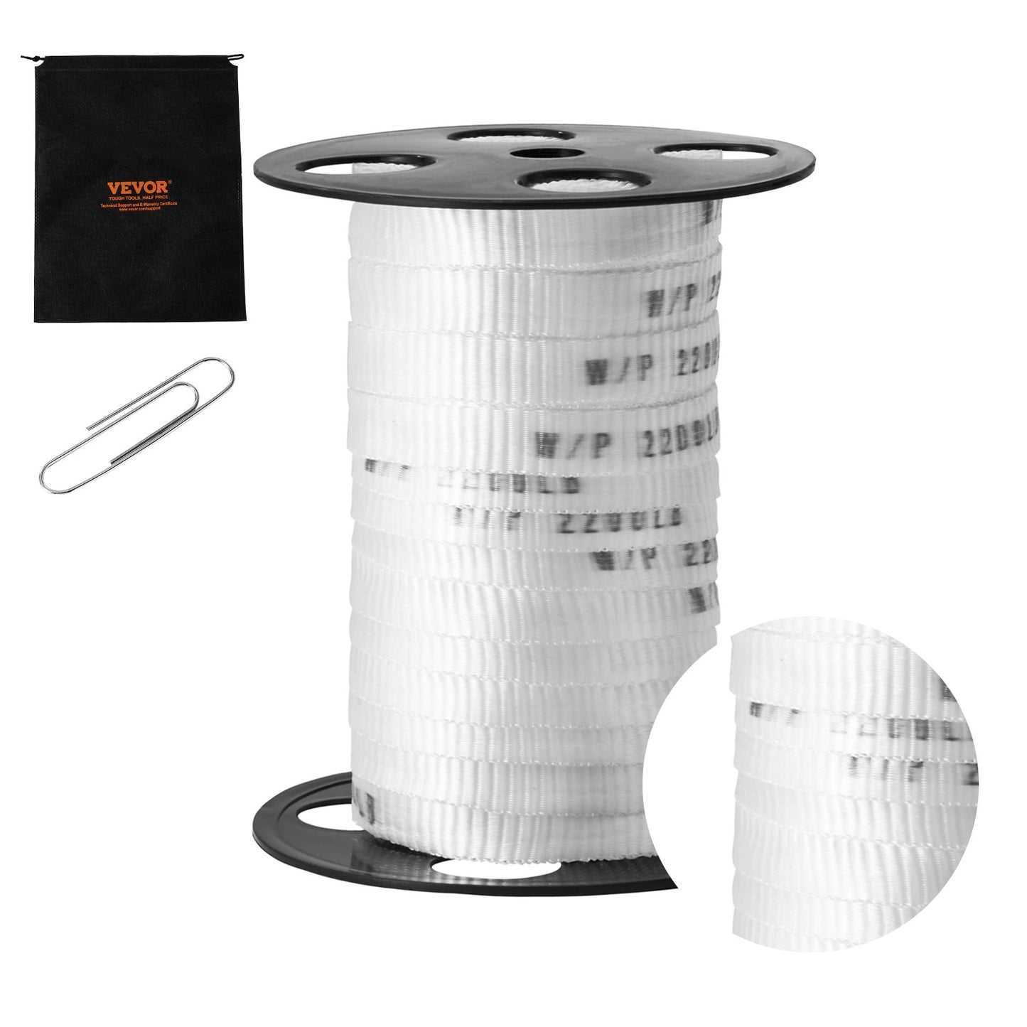Polyester dragtejp, 5/8" x 108" Mule Tejp platt rep, 2200 lbf dragkapacitet, tryckt nätkabeldragningstejp för förpackning, trädgårdsarbete, kommersiell el, ledningsarbete, vit