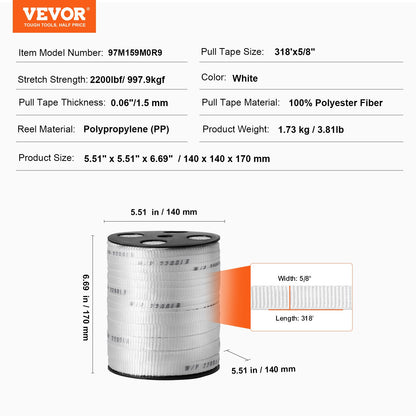 Polyester-Zugband, 5/8" x 318" Mule Tape-Flachseil, 2200 lbf Zugkapazität, bedrucktes Stromkabel-Zugband für Verpackung, Gartenarbeit, gewerbliche Elektrik, Verdrahtungsarbeiten, weiß