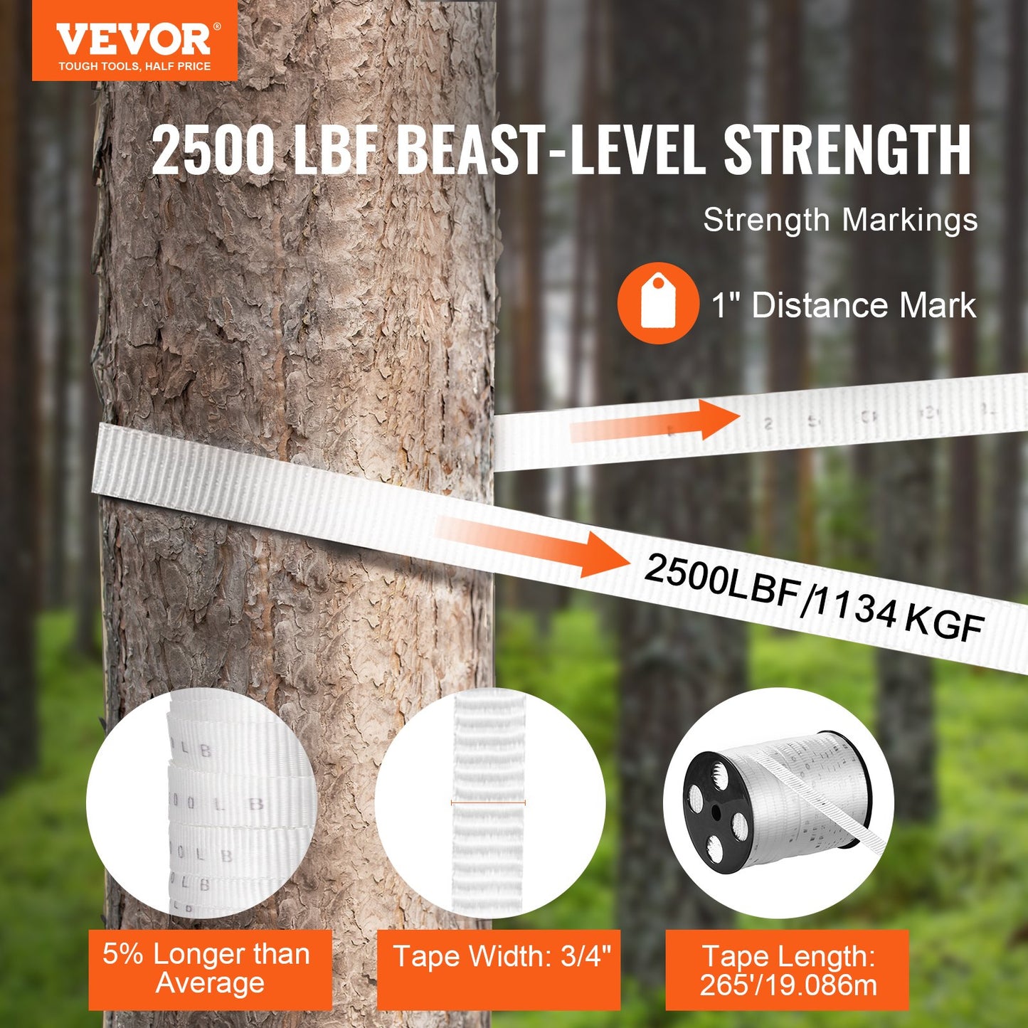 Polyester dragtejp, 3/4" x 265" Mule Tejp platt rep, 2500 lbf dragkapacitet, tryckt nätkabeldragningstejp för förpackning, trädgårdsarbete, kommersiell el, ledningsarbete, vit