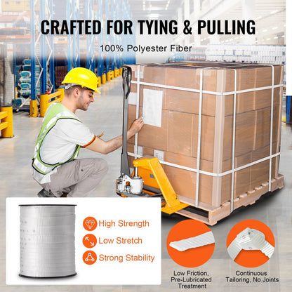 Polyester dragtejp, 3/4" x 265" Mule Tejp platt rep, 2500 lbf dragkapacitet, tryckt nätkabeldragningstejp för förpackning, trädgårdsarbete, kommersiell el, ledningsarbete, vit