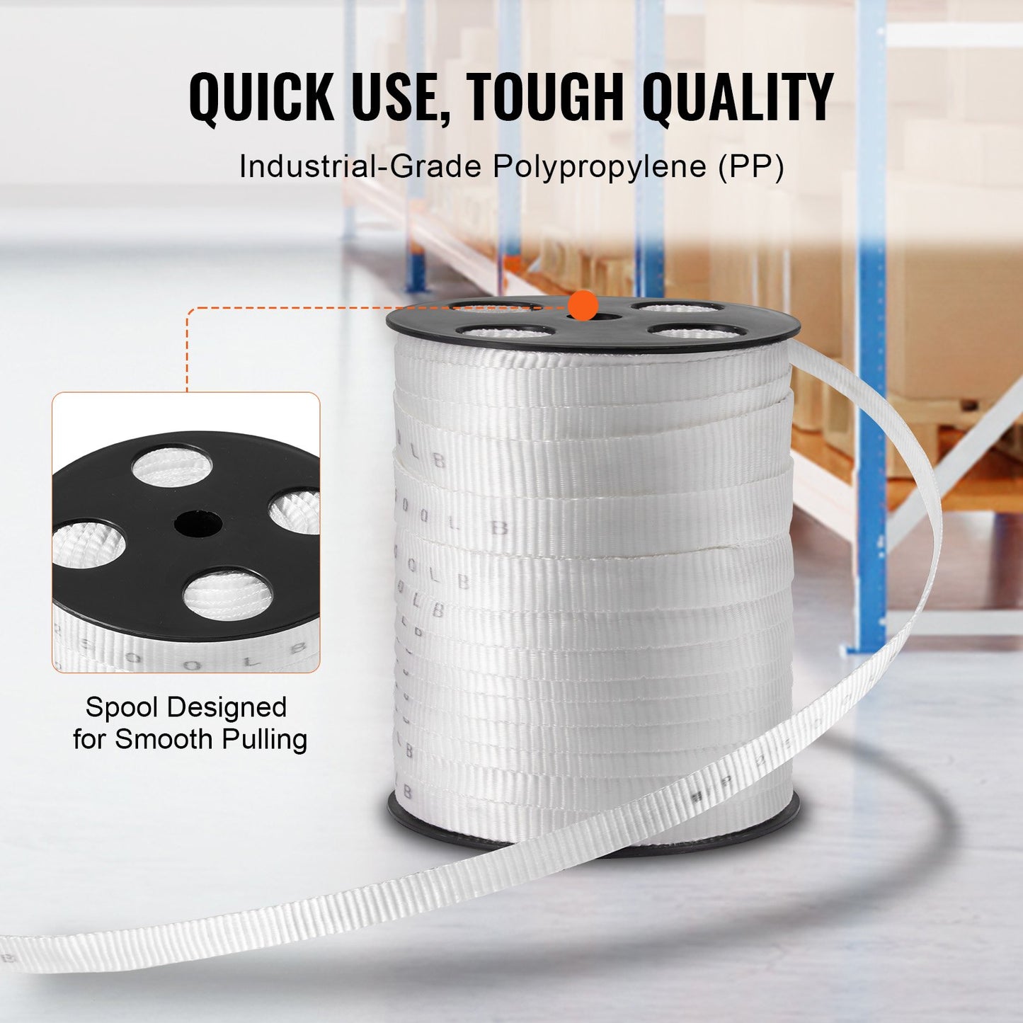 Polyester dragtejp, 3/4" x 265" Mule Tejp platt rep, 2500 lbf dragkapacitet, tryckt nätkabeldragningstejp för förpackning, trädgårdsarbete, kommersiell el, ledningsarbete, vit