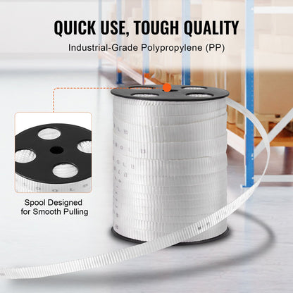 Polyester dragtejp, 3/4" x 265" Mule Tejp platt rep, 2500 lbf dragkapacitet, tryckt nätkabeldragningstejp för förpackning, trädgårdsarbete, kommersiell el, ledningsarbete, vit