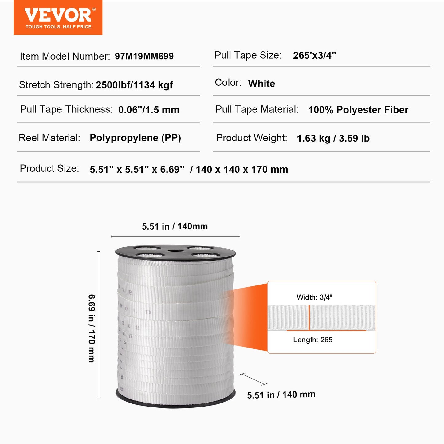 Polyester dragtejp, 3/4" x 265" Mule Tejp platt rep, 2500 lbf dragkapacitet, tryckt nätkabeldragningstejp för förpackning, trädgårdsarbete, kommersiell el, ledningsarbete, vit