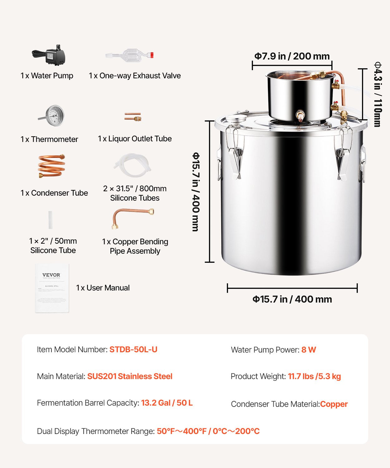 Moonshine Still 13 Gal Water Alcohol Distiller Brewing Kit Rostfritt stål